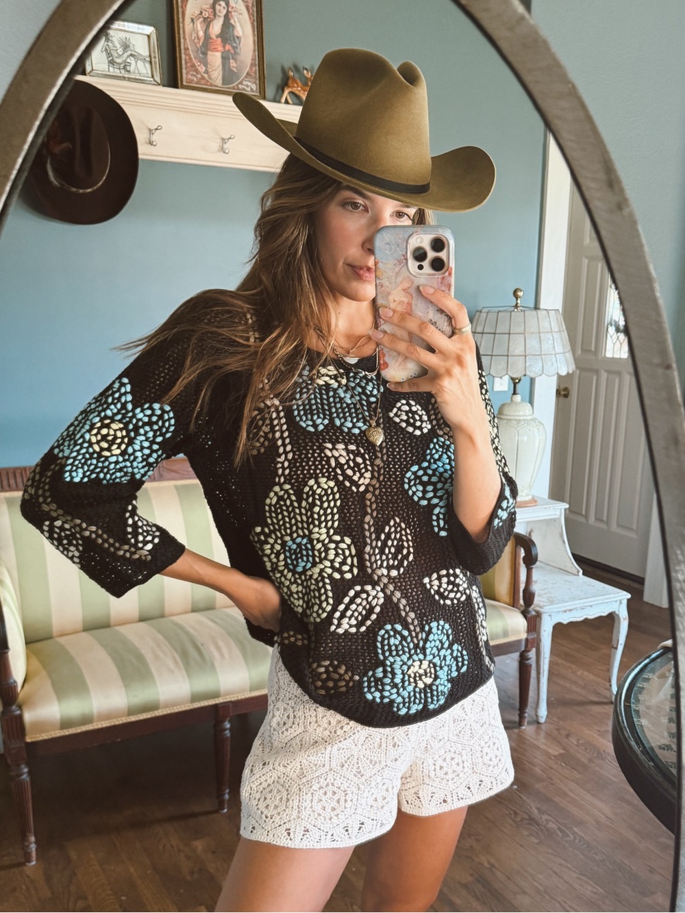 Vintage Black crochet Open-Knit Sweater with Pastel Flowers sz S/ M